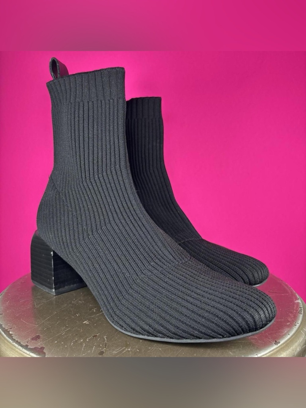 Dolce Vita Alaya Ribbed Black Knit Block Heel Sock Boot US 7
